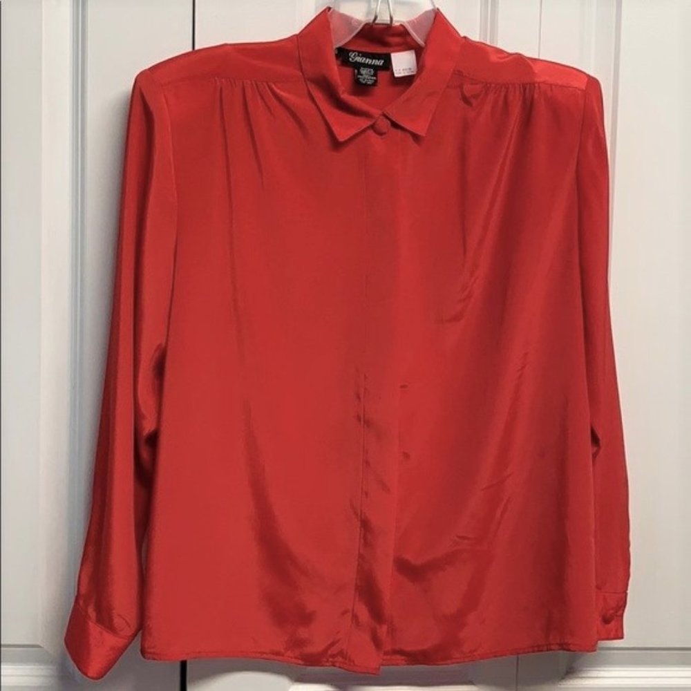 Vintage Gianna Red Satin Sheen Long Sleeve Cuff Collar Top Size 16